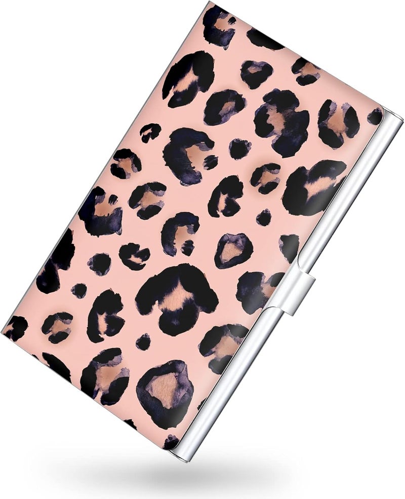 Xavier Business Card Holder，Color Printing Men's and Women's Business Card Case，Ultra-Thin Metal Business Card Organizer，Carry-on Pocket Wallet Business Card Holder,Pink Leopard Print - Image 1